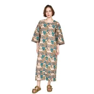 Mirth Moss Reef Provence Block Print Gathered Shoulder Midi Dress Size Medium